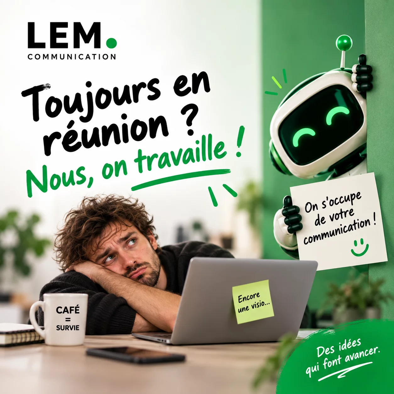 Affiche LEM Communication avec un personnage au bureau et un robot vert