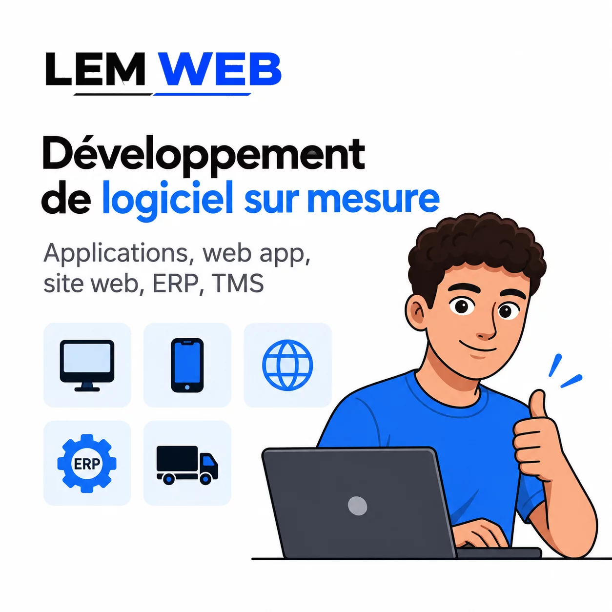Affiche LEM Web consacrée au développement de logiciels, applications, sites, ERP et TMS