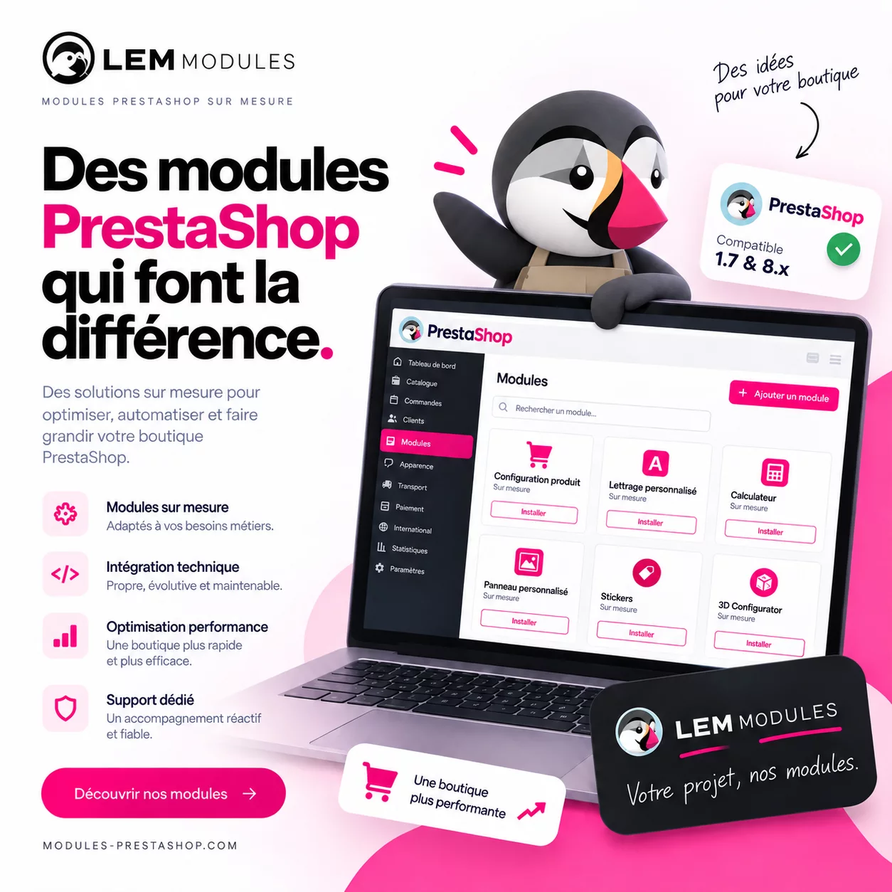 Affiche LEM Module présentant des modules et configurateurs PrestaShop personnalisés