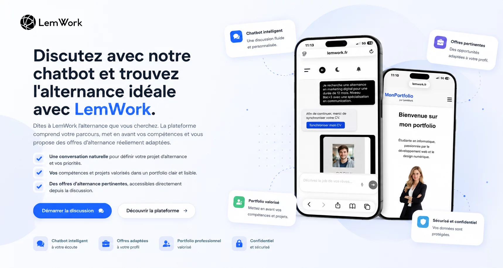 LemWork : recherche d’alternance par conversation et portfolio professionnel sur mobile